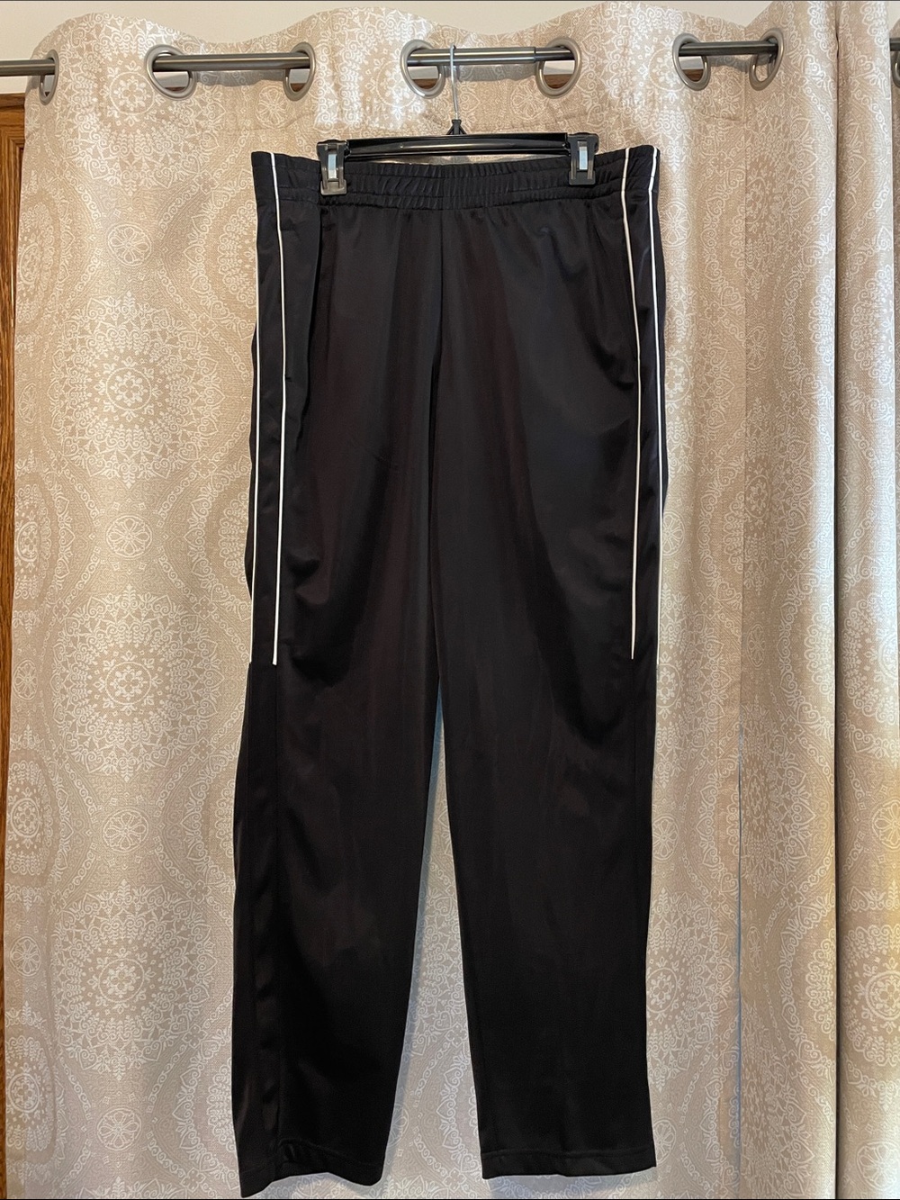 NWT. Men’s large, Black Joggers with White Side Piping